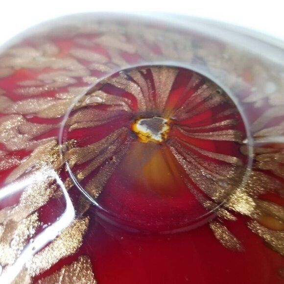 Murano Style Bowl Rolled Edge Glass 9" Gold Foil Amber Red Vintage Italian - Picture 7 of 7